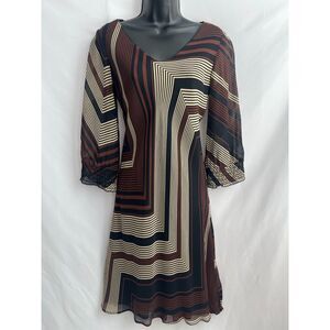 Vintage Tessuto Abstract Artsy Dress Puff Sleeves Petite S Brown V Neck Artsy